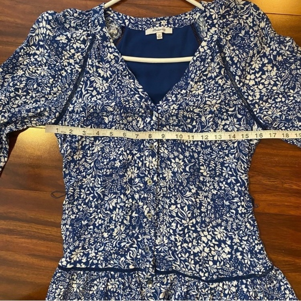 Madewell Blue White Ditsy Floral Flowy mini dress V-neck long sleeve oversized - Picture 7 of 9